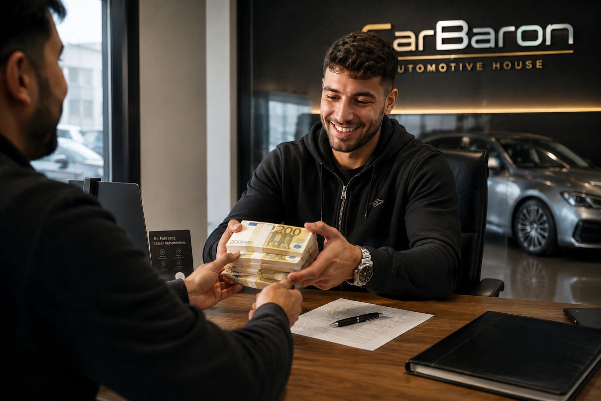 Bargeld-Übergabe beim Fahrzeugankauf im CarBaron Automotive House